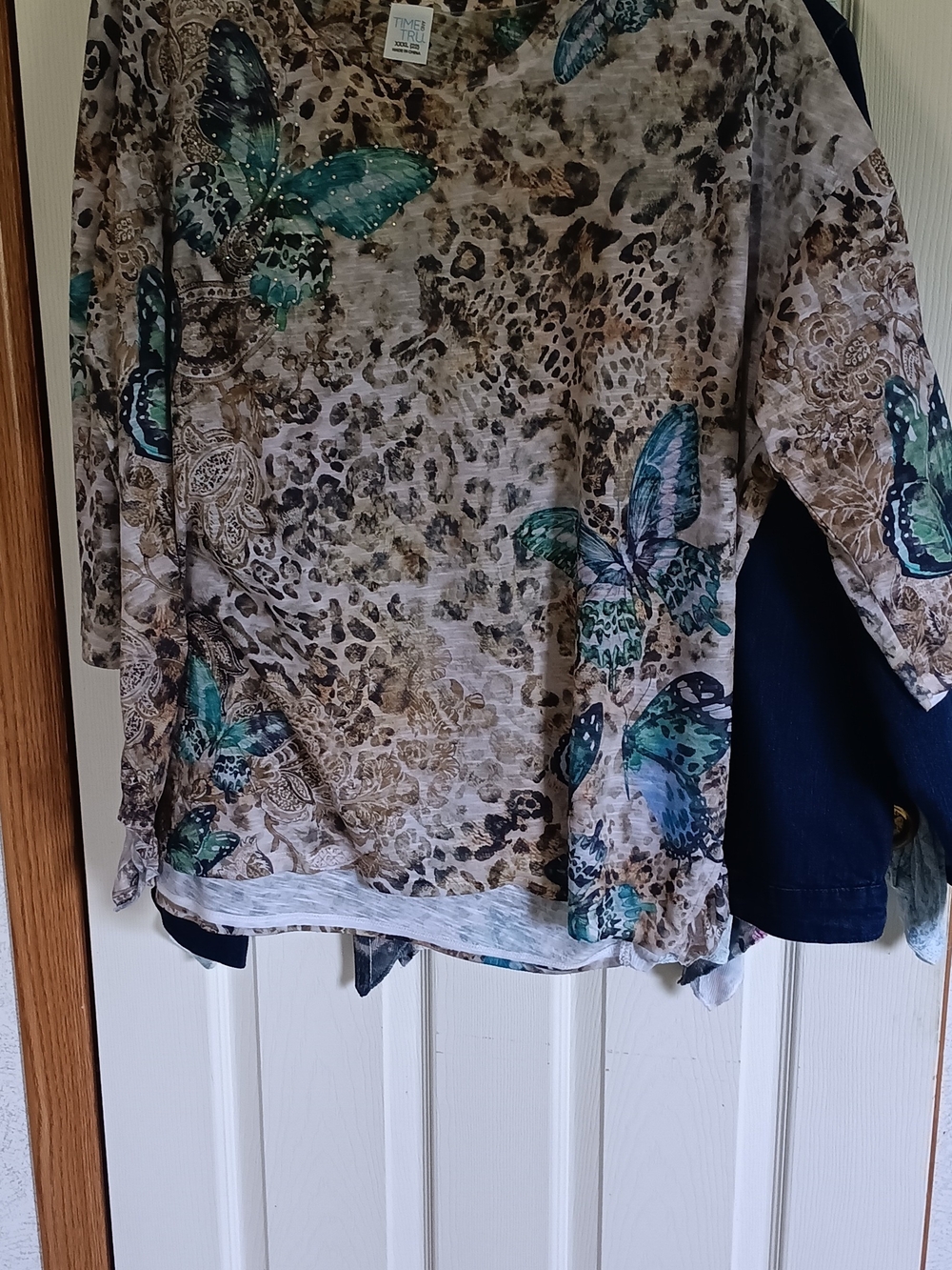 Time and Tru Leopard Print Top with Teal Logo Accent